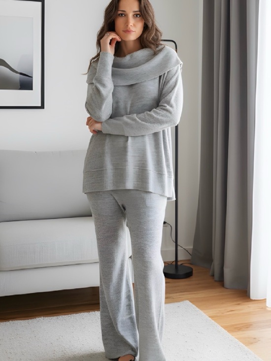 Dear Scarlett Sweaters - Cozy Cowl-Neck Knit Sweater Set in Light Gray
